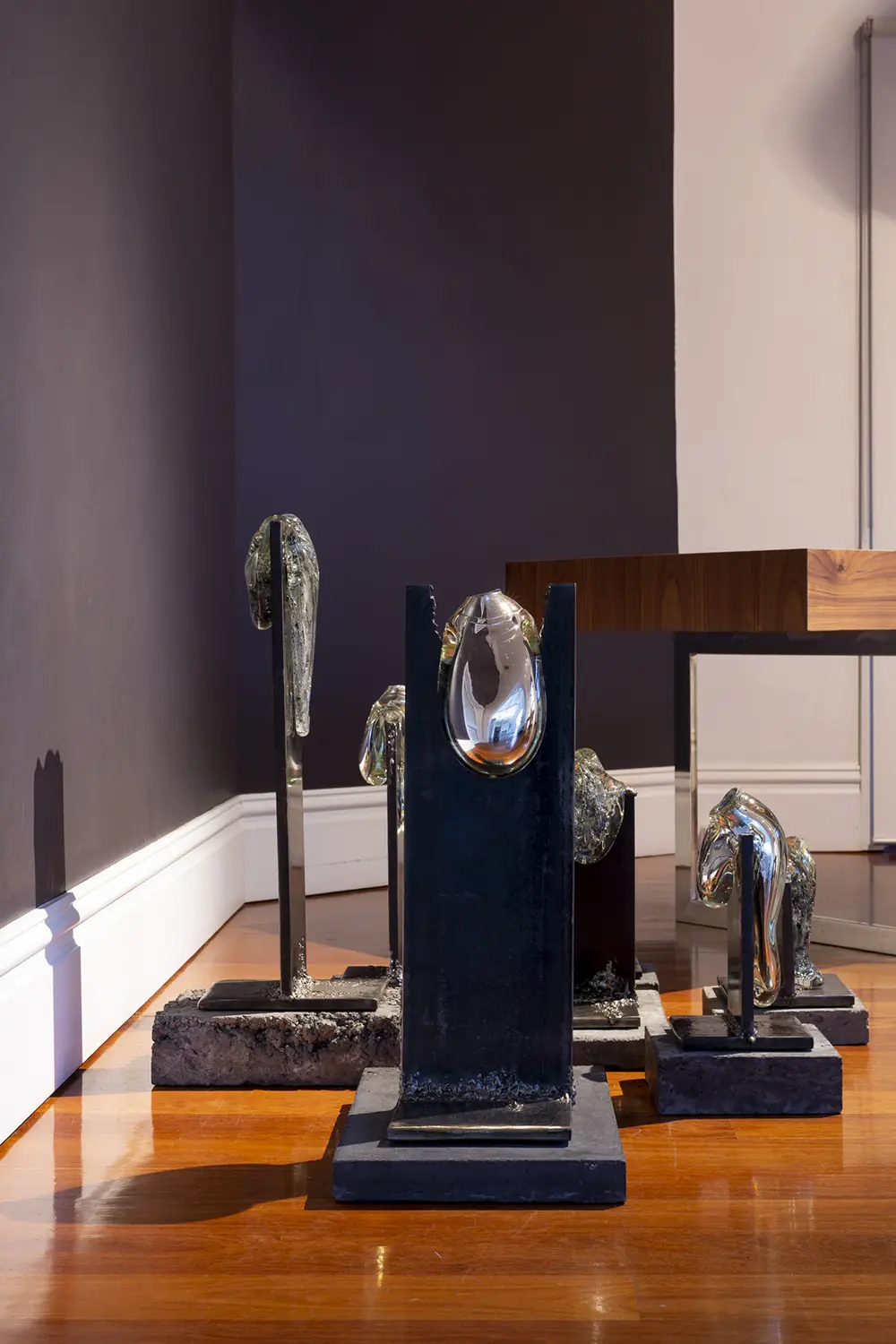 Stevie-Fielsdsend_As-we-melted-into-eachother-series.-Mixture-of-clearmirrored-silver-speckled-glass-steel-and-concrete-plinths-2020.1