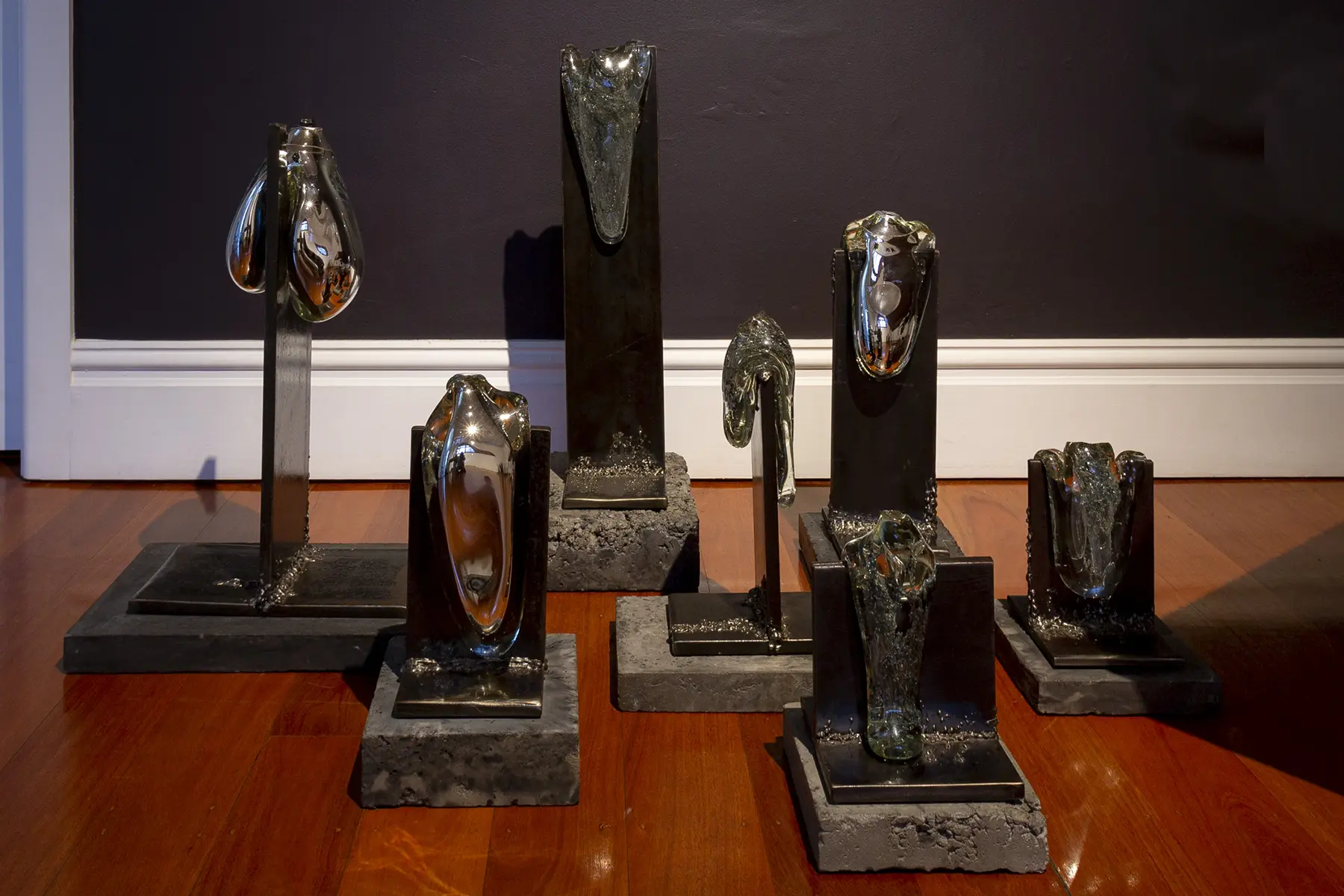 Stevie-Fielsdsend_As-we-melted-into-eachother-series.-Mixture-of-clearmirrored-silver-speckled-glass-steel-and-concrete-plinths-copy-1